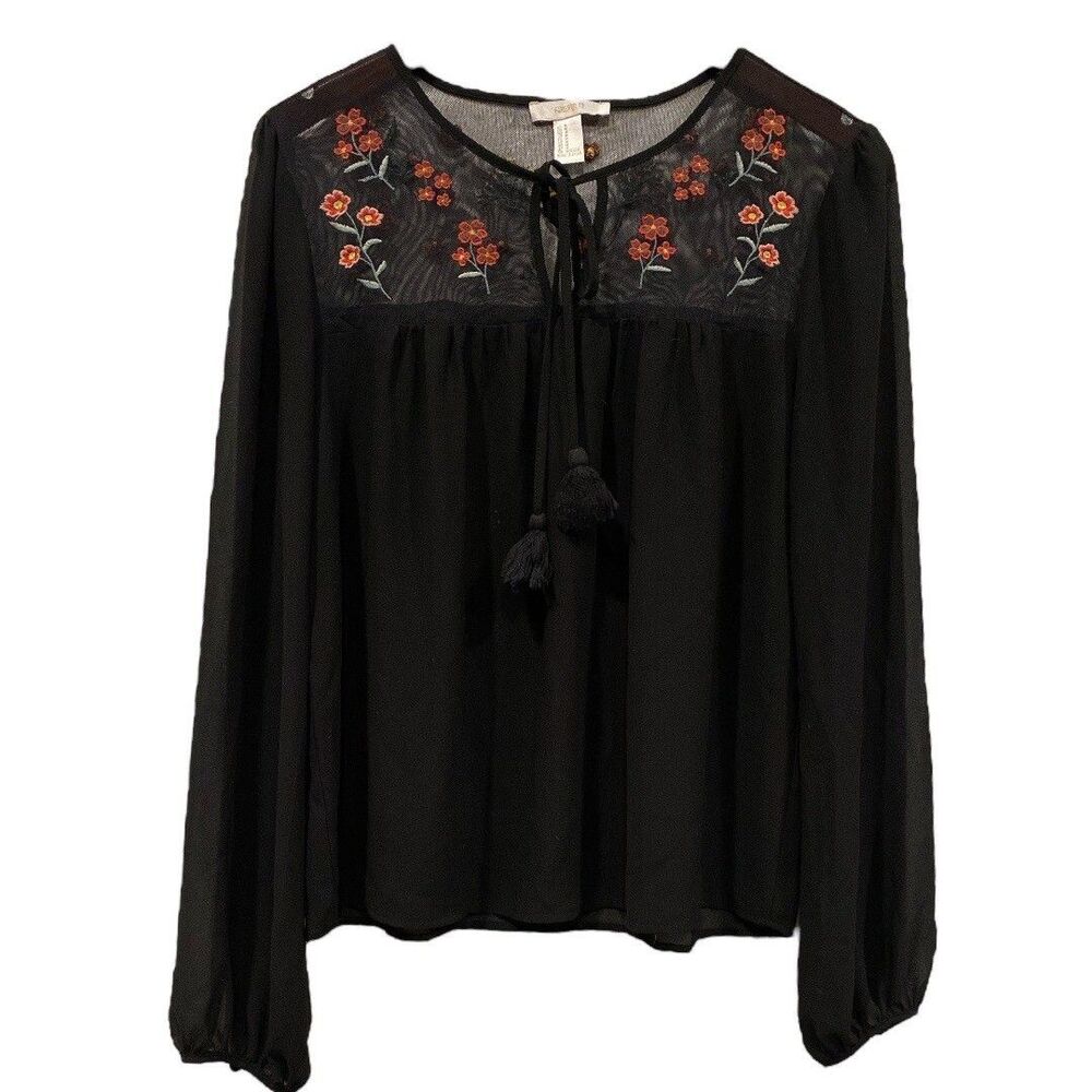 Embroidered Floral Long Sleeve Sheer Mesh Top sz M